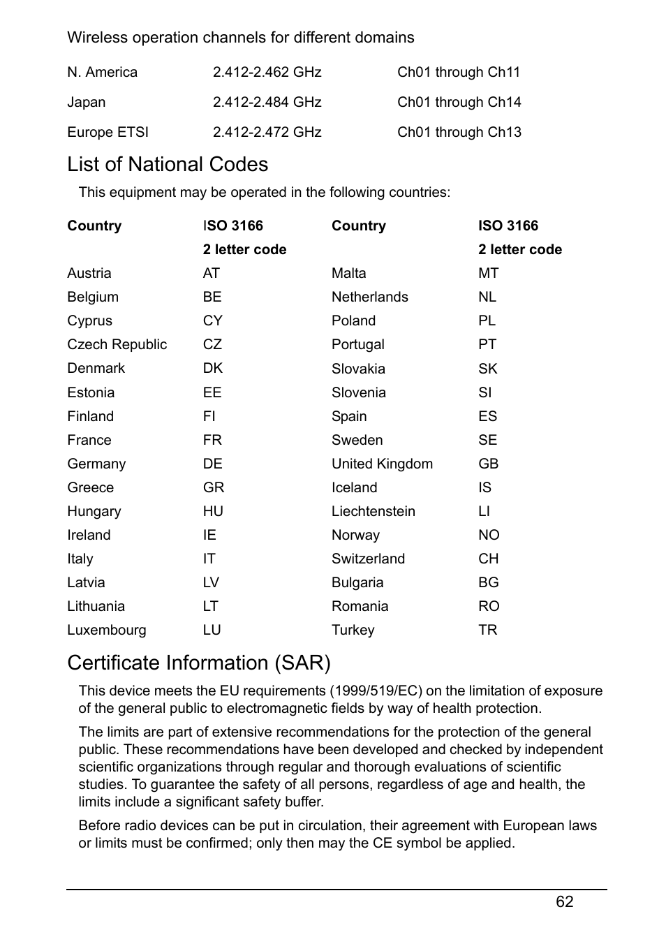 List of national codes, Certificate information (sar) | Acer S510 User Manual | Page 62 / 69