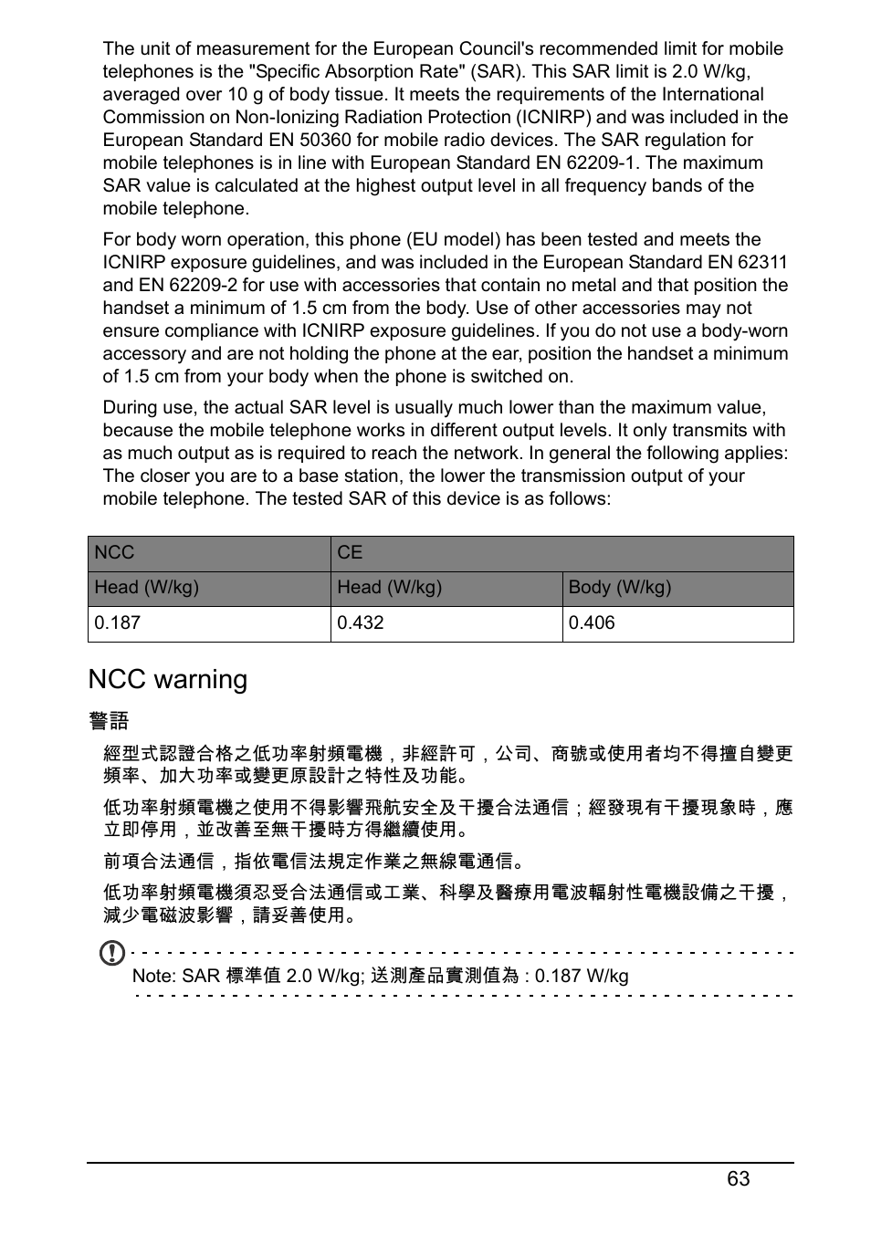 Ncc warning | Acer S510 User Manual | Page 63 / 69