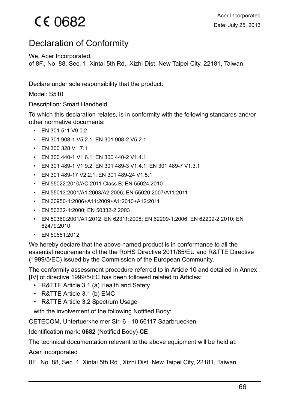 Declaration of conformity | Acer S510 User Manual | Page 66 / 69