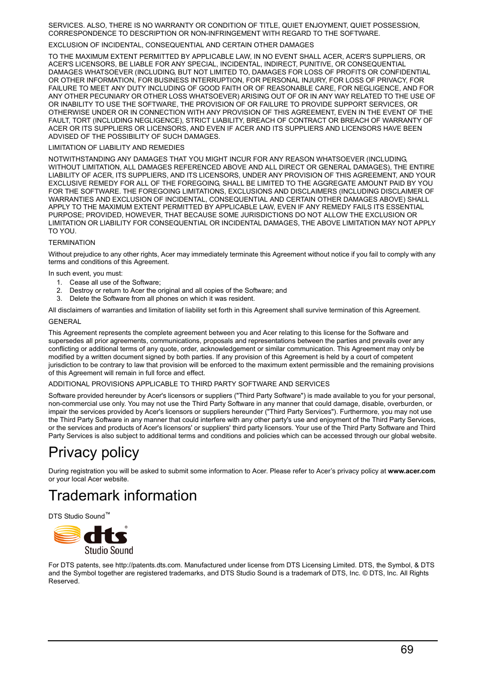 Privacy policy, Trademark information | Acer S510 User Manual | Page 69 / 69