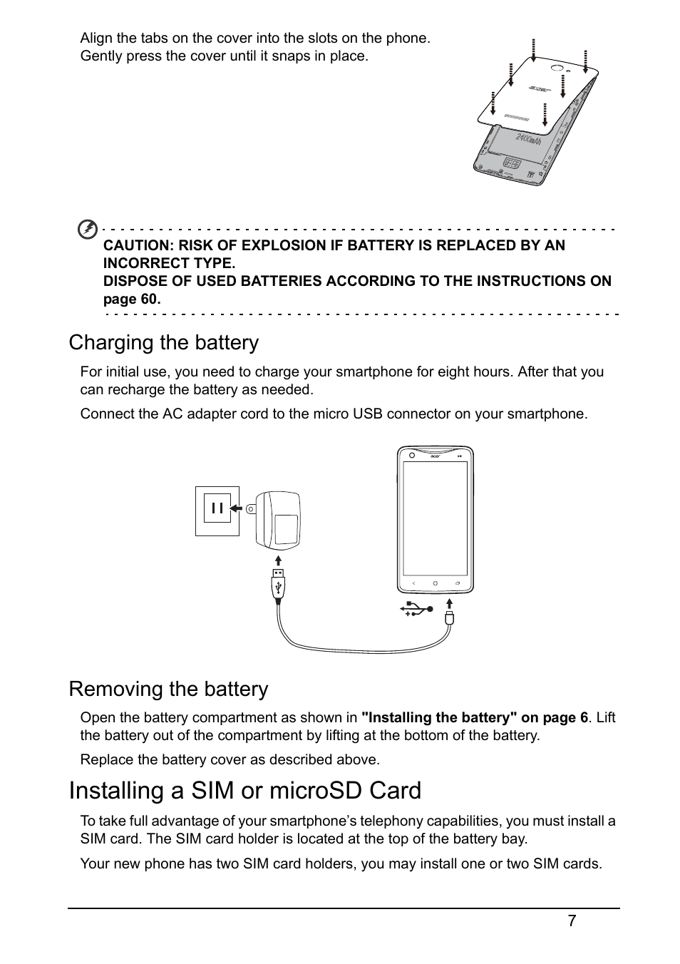 Charging the battery, Removing the battery, Installing a sim or microsd card | Acer S510 User Manual | Page 7 / 69