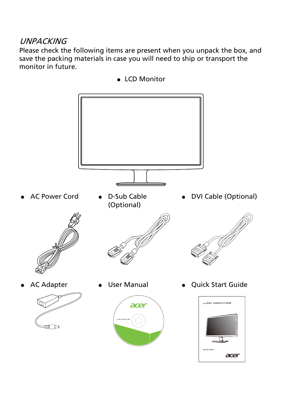 Unpacking, En-1, Lcd monitor | Ac power cord, D-sub cable (optional), Dvi cable (optional), Ac adapter, User manual, Quick start guide | Acer V195WL User Manual | Page 10 / 28