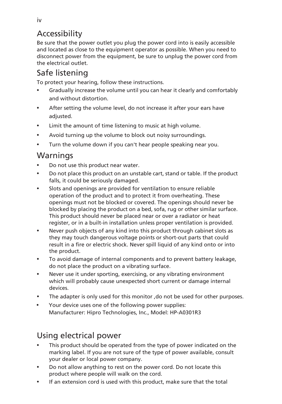 Accessibility, Safe listening, Warnings | Using electrical power | Acer V195WL User Manual | Page 4 / 28