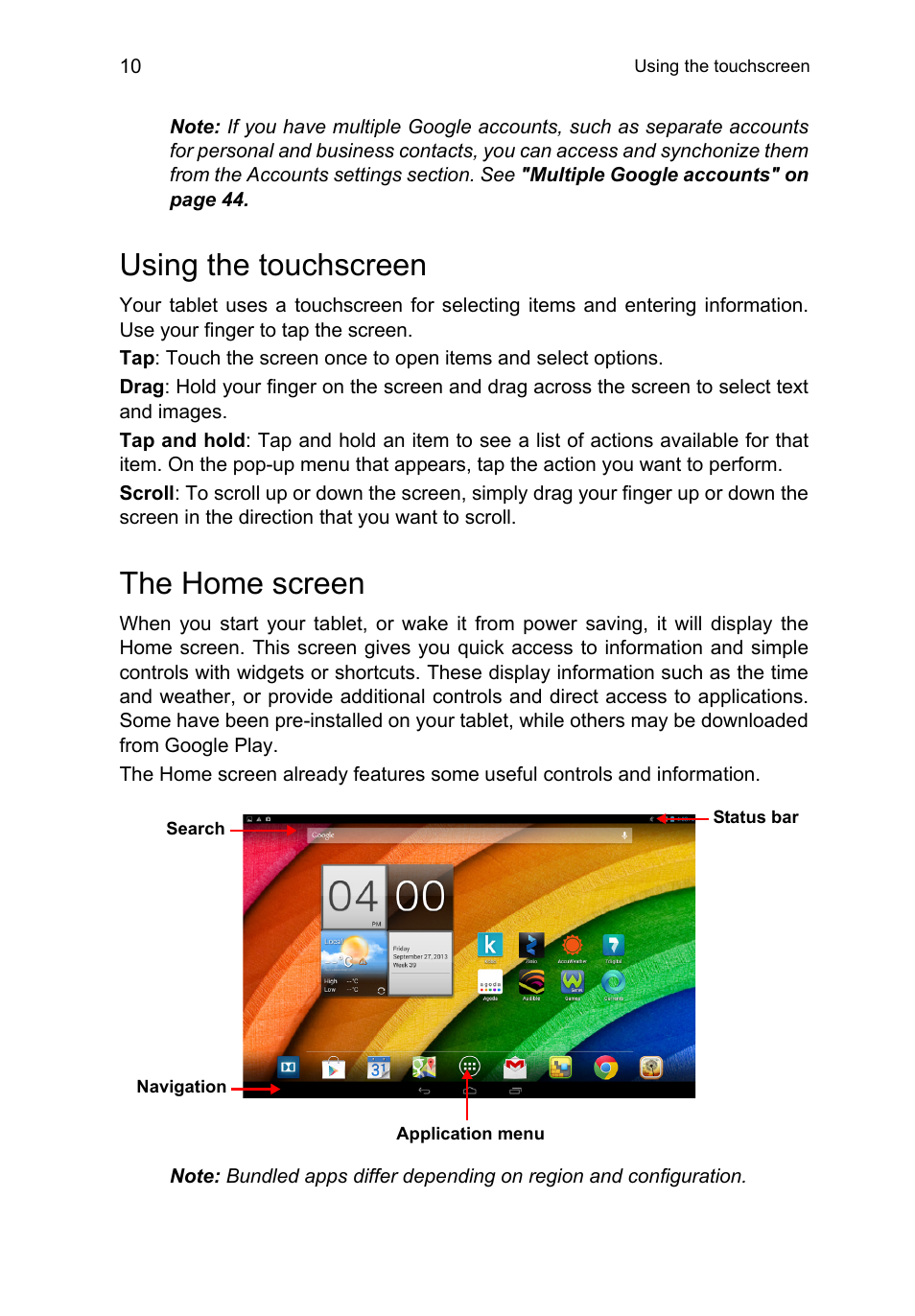 Using the touchscreen, The home screen, Using the touchscreen the home screen | Acer A3-A11 User Manual | Page 10 / 53