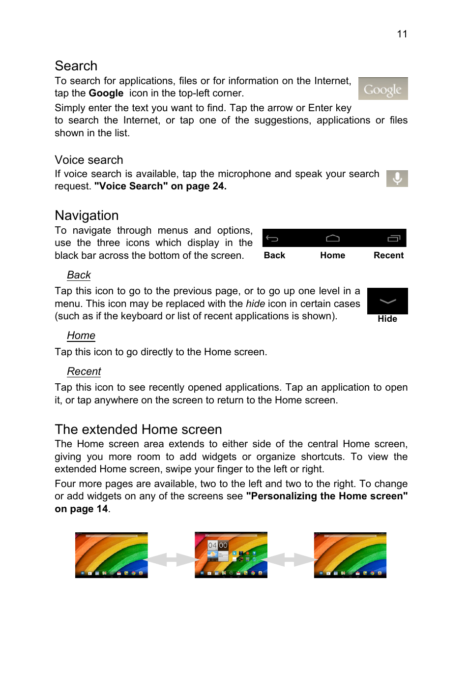 Search, Navigation, The extended home screen | Acer A3-A11 User Manual | Page 11 / 53