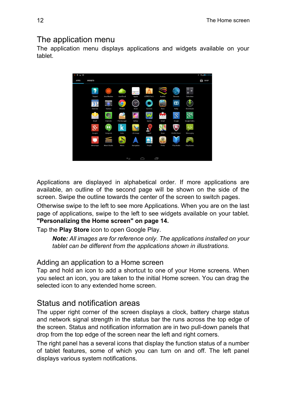 The application menu, Status and notification areas | Acer A3-A11 User Manual | Page 12 / 53