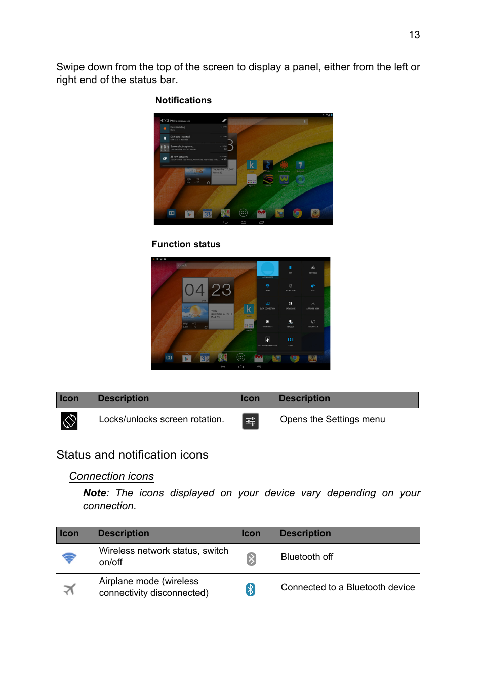 Status and notification icons | Acer A3-A11 User Manual | Page 13 / 53