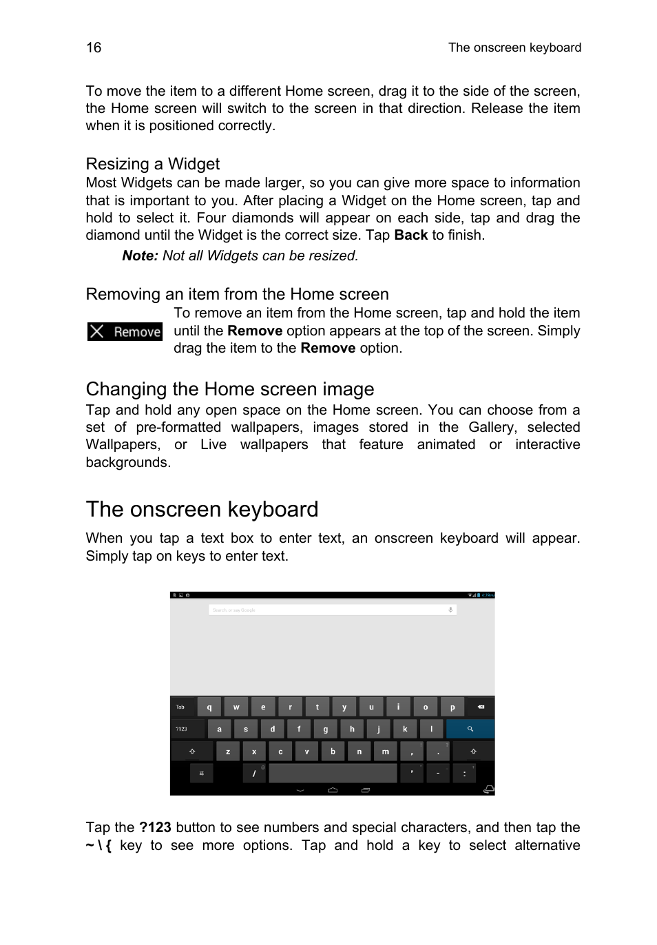 Changing the home screen image, The onscreen keyboard | Acer A3-A11 User Manual | Page 16 / 53