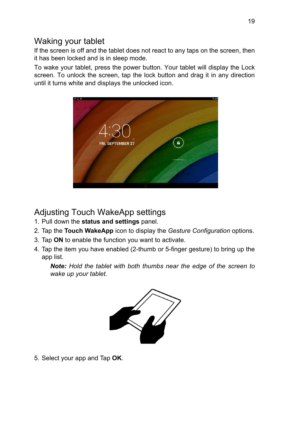 Waking your tablet, Adjusting touch wakeapp settings | Acer A3-A11 User Manual | Page 19 / 53