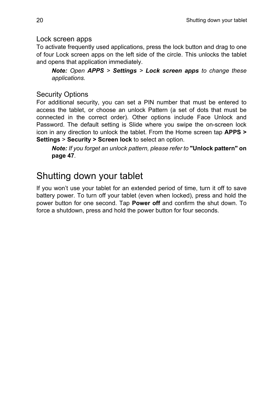 Shutting down your tablet | Acer A3-A11 User Manual | Page 20 / 53