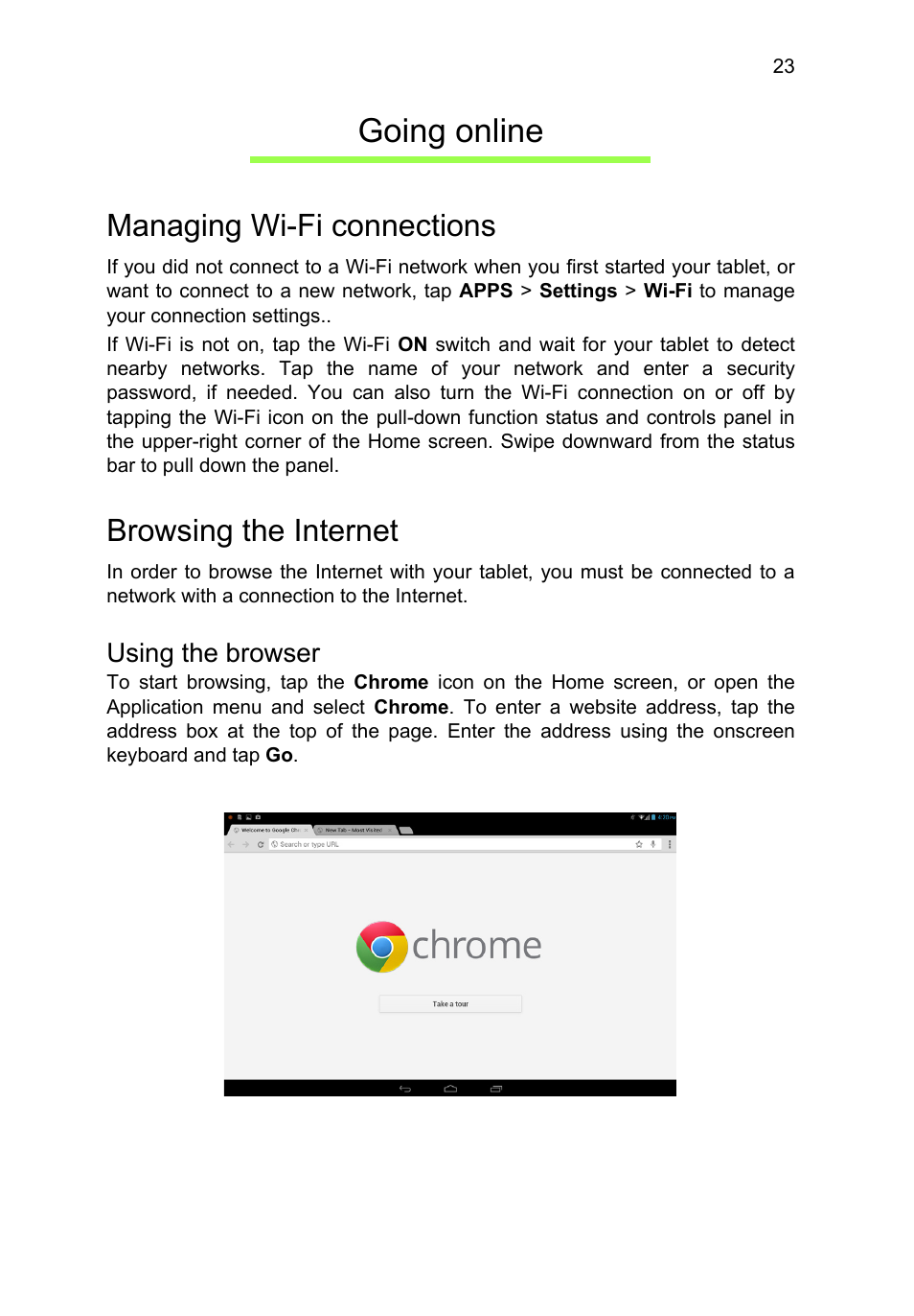 Going online, Managing wi-fi connections, Browsing the internet | Using the browser, Managing wi-fi connections browsing the internet | Acer A3-A11 User Manual | Page 23 / 53