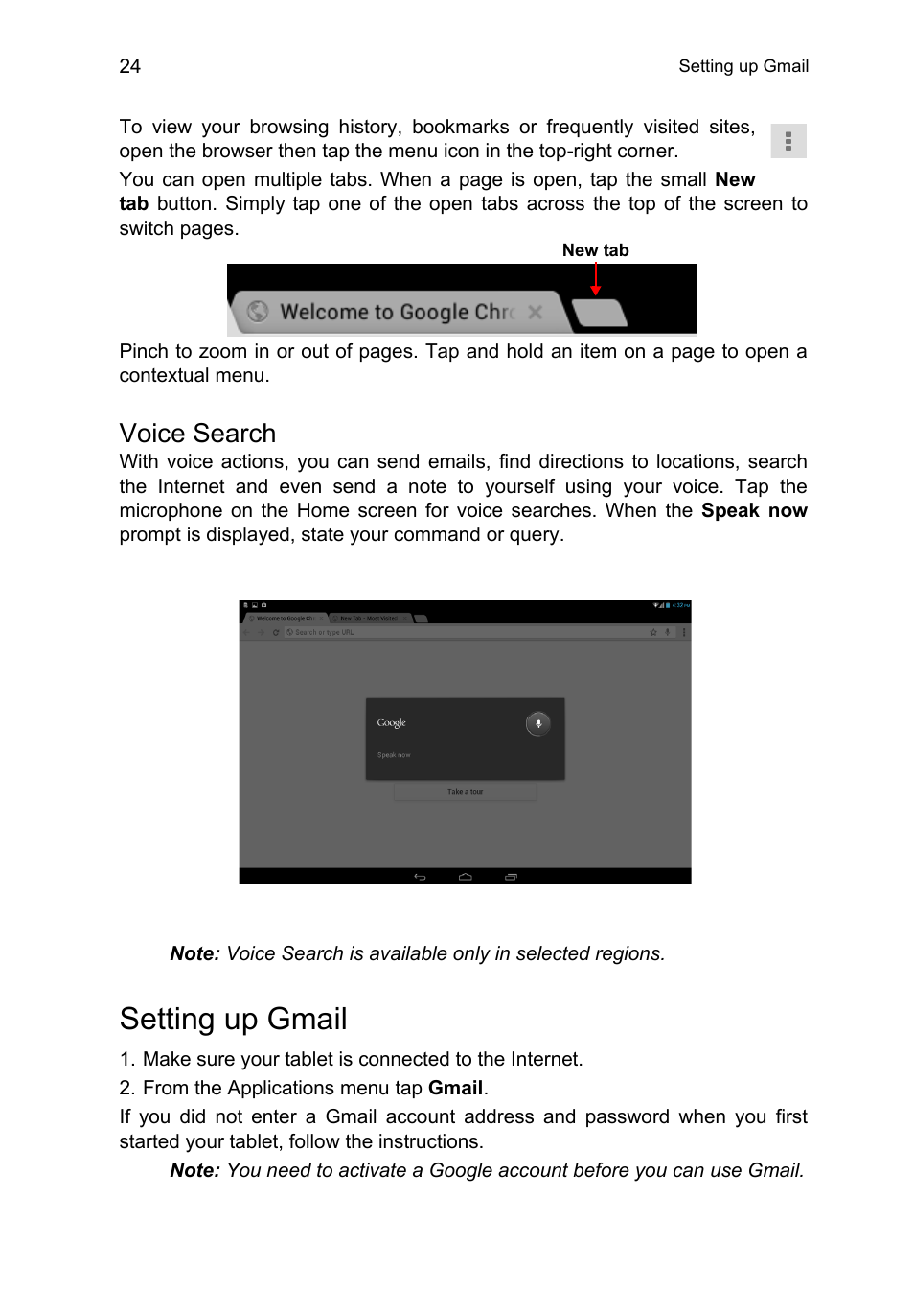 Voice search, Setting up gmail | Acer A3-A11 User Manual | Page 24 / 53