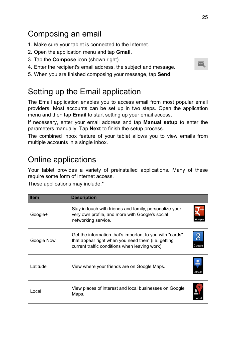 Composing an email, Setting up the email application, Online applications | Acer A3-A11 User Manual | Page 25 / 53