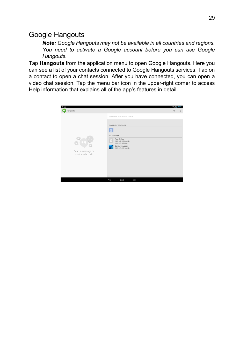 Google hangouts | Acer A3-A11 User Manual | Page 29 / 53