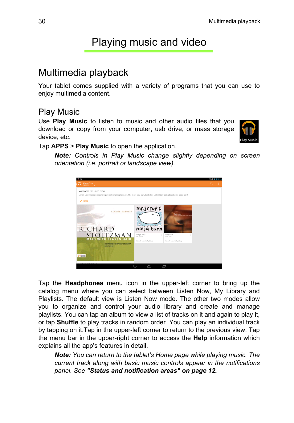 Playing music and video, Multimedia playback, Play music | Acer A3-A11 User Manual | Page 30 / 53