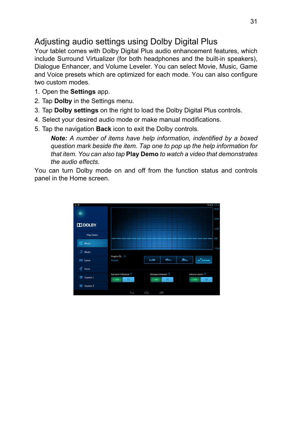 Adjusting audio settings using dolby digital plus | Acer A3-A11 User Manual | Page 31 / 53
