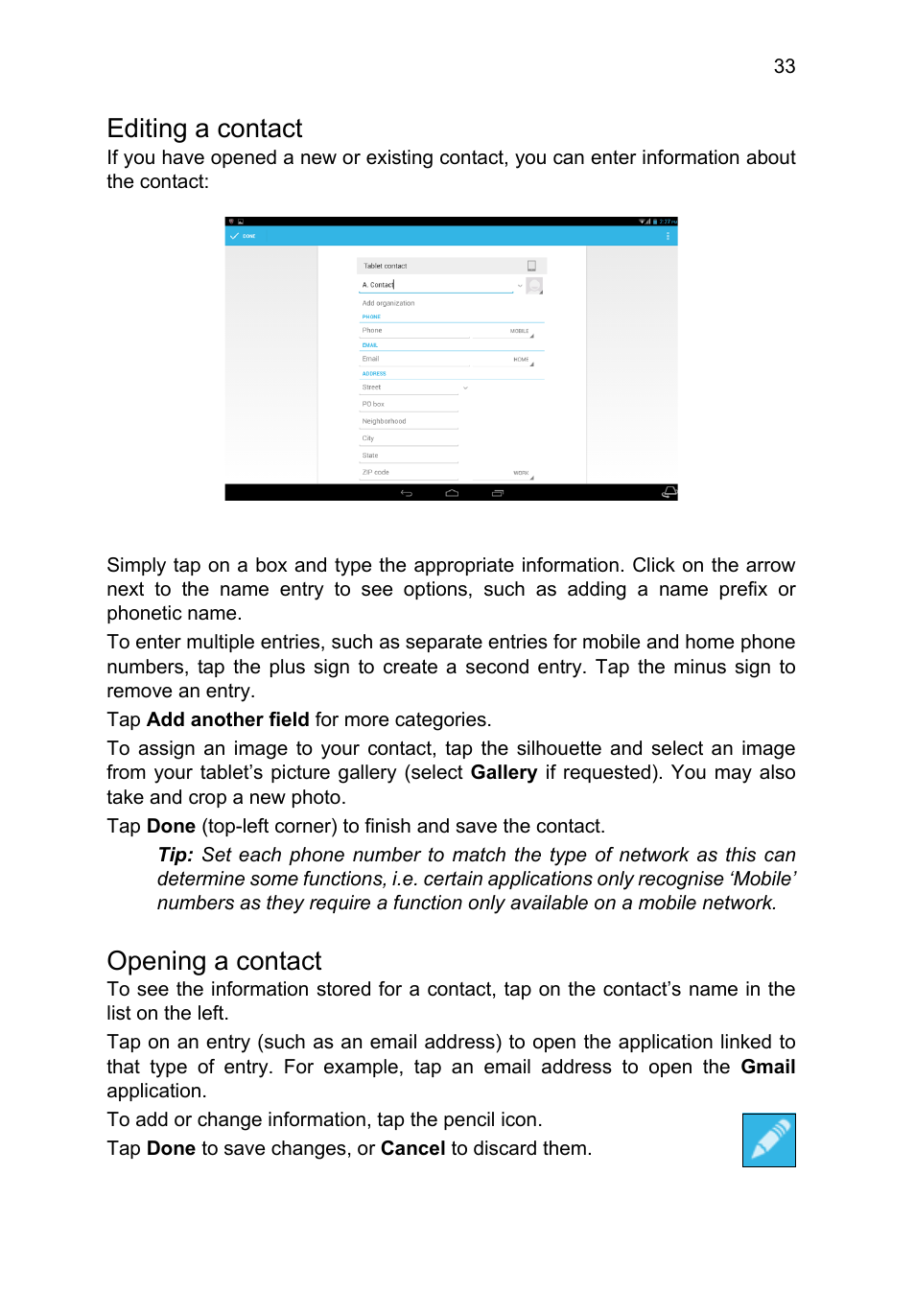 Editing a contact, Opening a contact | Acer A3-A11 User Manual | Page 33 / 53