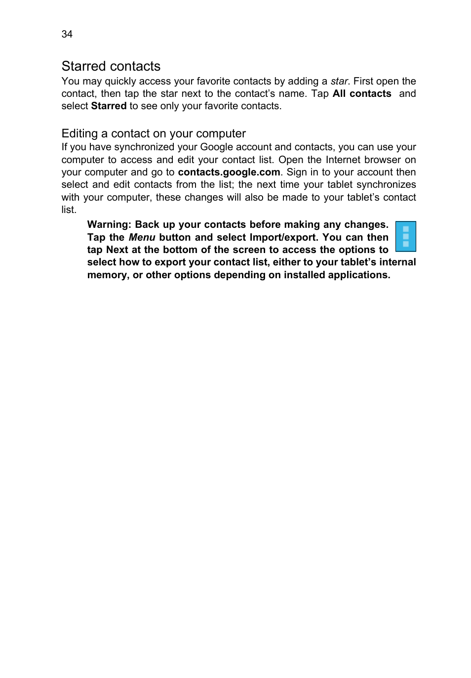 Starred contacts | Acer A3-A11 User Manual | Page 34 / 53