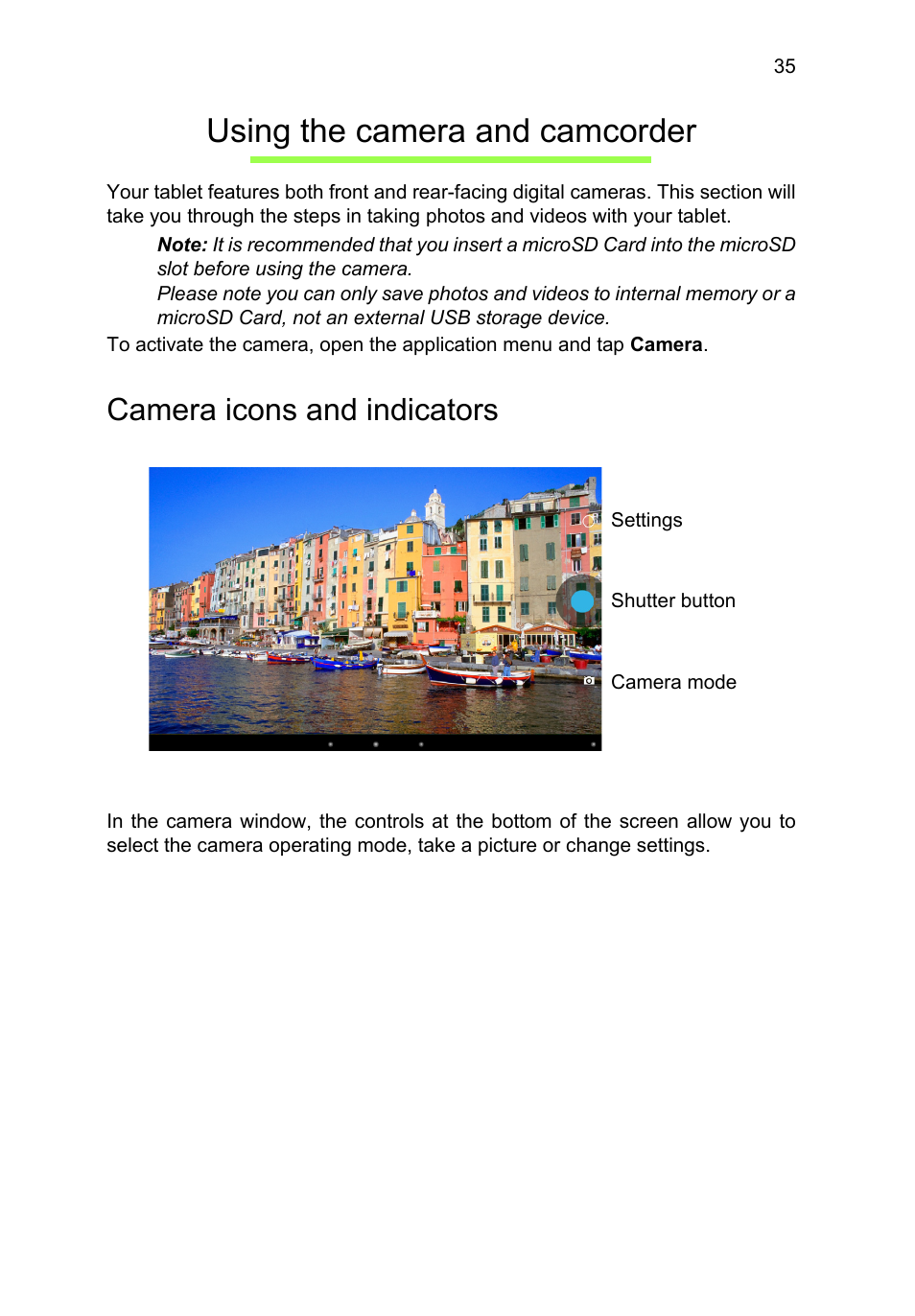 Using the camera and camcorder, Camera icons and indicators | Acer A3-A11 User Manual | Page 35 / 53