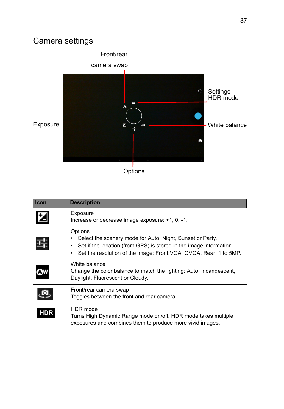 Camera settings | Acer A3-A11 User Manual | Page 37 / 53