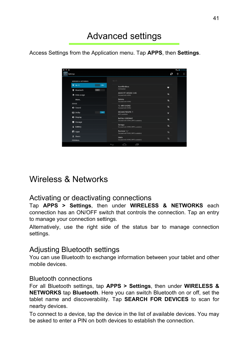 Advanced settings, Wireless & networks, Activating or deactivating connections | Adjusting bluetooth settings | Acer A3-A11 User Manual | Page 41 / 53