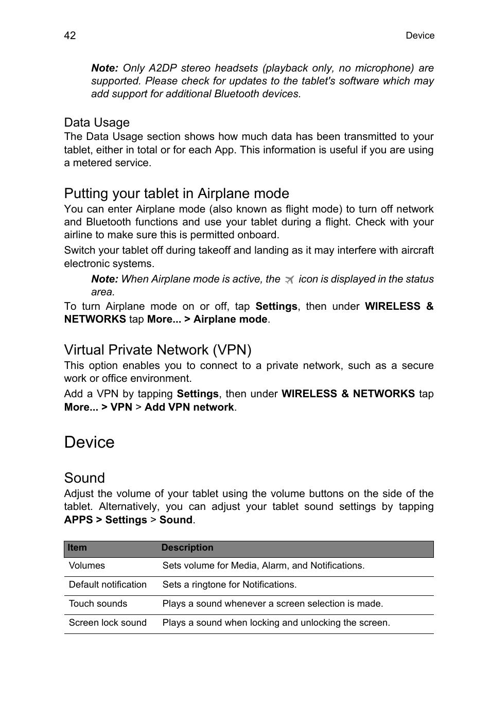 Putting your tablet in airplane mode, Virtual private network (vpn), Device | Sound | Acer A3-A11 User Manual | Page 42 / 53