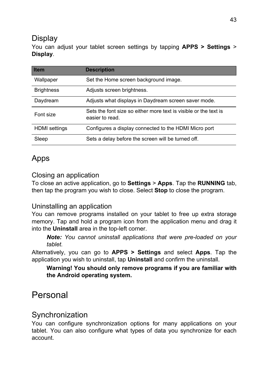 Display, Apps, Personal | Synchronization, Closing an application, Uninstalling an application | Acer A3-A11 User Manual | Page 43 / 53