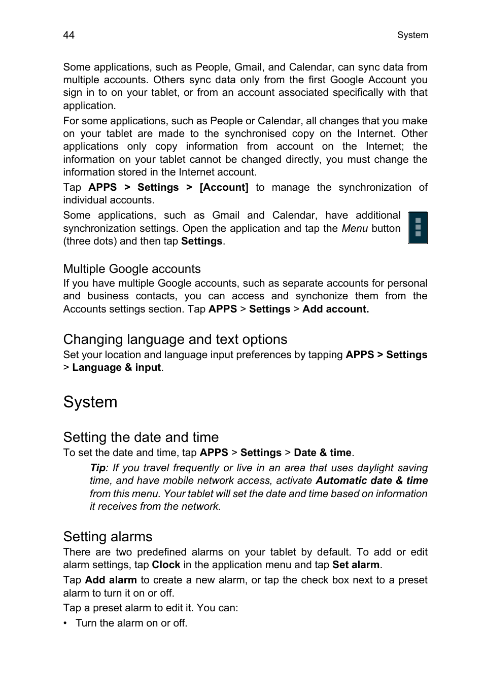 Changing language and text options, System, Setting the date and time | Setting alarms | Acer A3-A11 User Manual | Page 44 / 53