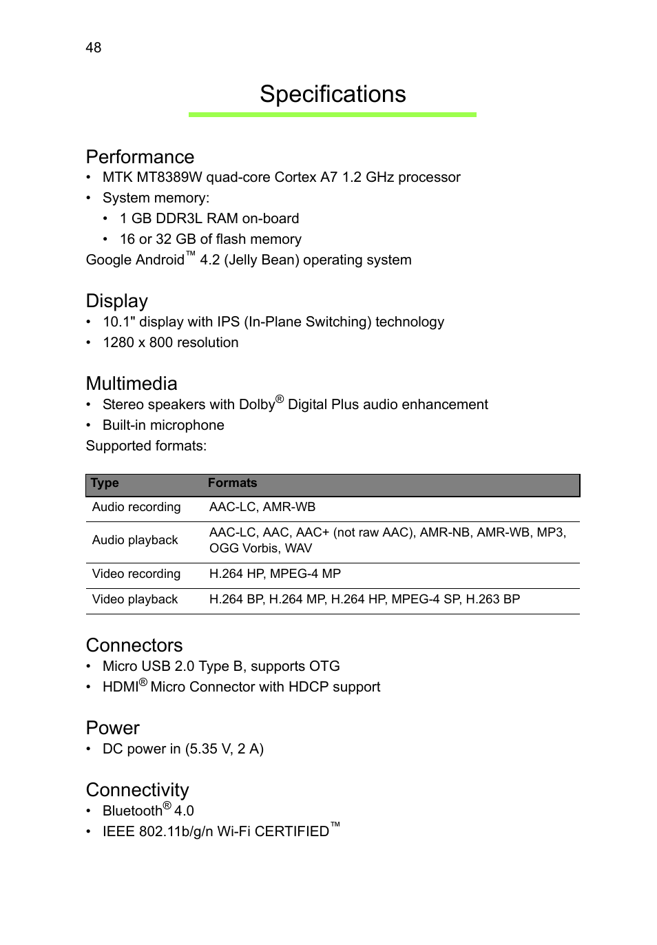Specifications, Performance, Display | Multimedia, Connectors, Power, Connectivity | Acer A3-A11 User Manual | Page 48 / 53