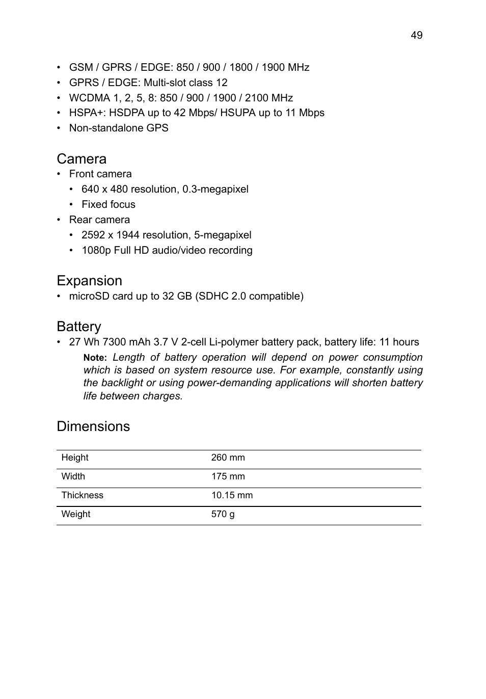 Camera, Expansion, Battery | Dimensions | Acer A3-A11 User Manual | Page 49 / 53