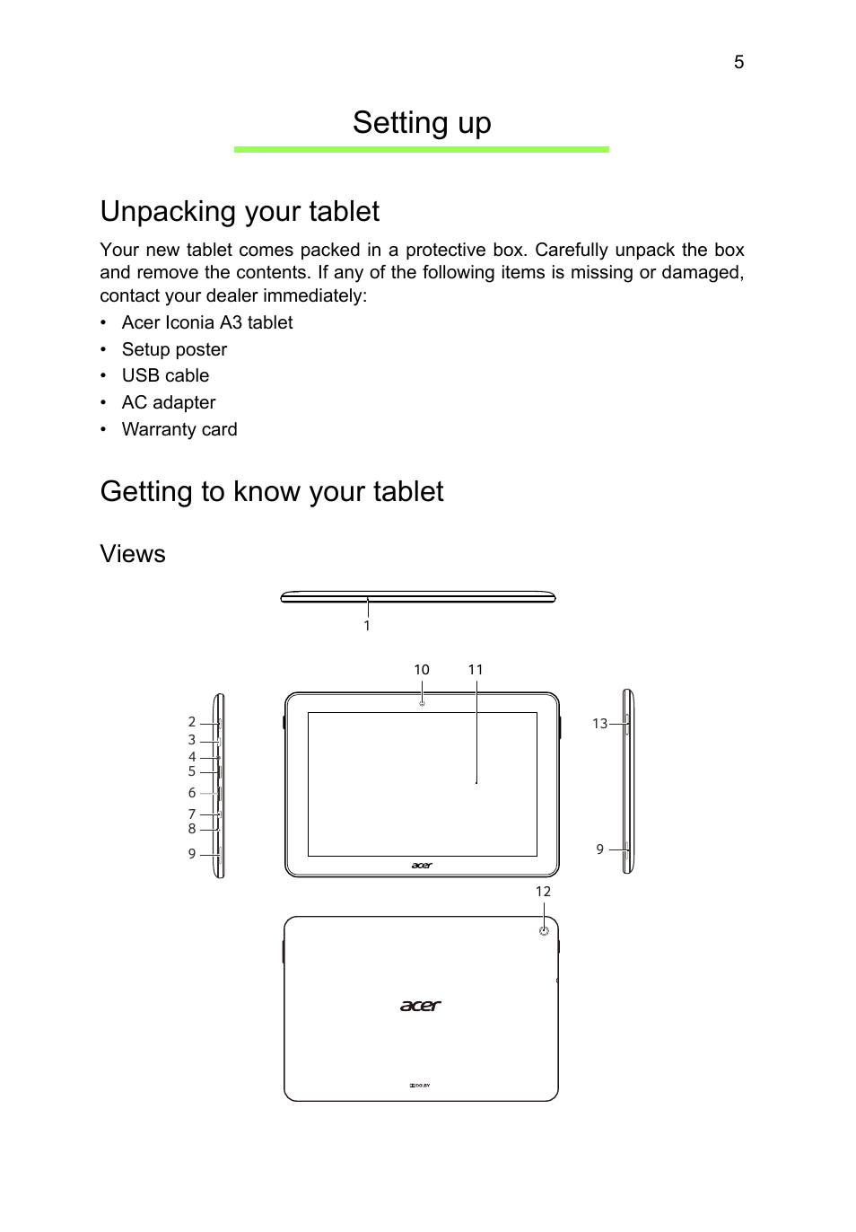 Setting up, Unpacking your tablet, Getting to know your tablet | Views, Unpacking your tablet getting to know your tablet | Acer A3-A11 User Manual | Page 5 / 53