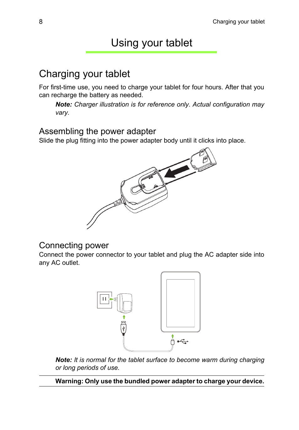 Using your tablet, Charging your tablet, Assembling the power adapter | Connecting power | Acer A3-A11 User Manual | Page 8 / 53