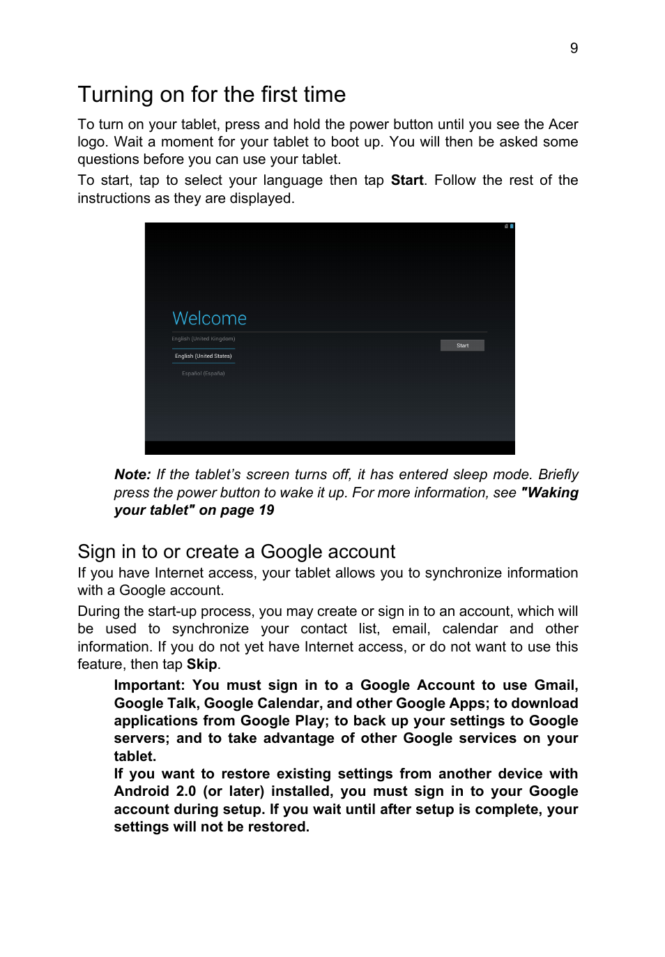 Turning on for the first time, Sign in to or create a google account | Acer A3-A11 User Manual | Page 9 / 53