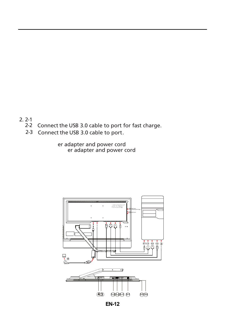 Installation, En-12, 3 connect the usb 3.0 cable to port | Acer T232HL User Manual | Page 13 / 23