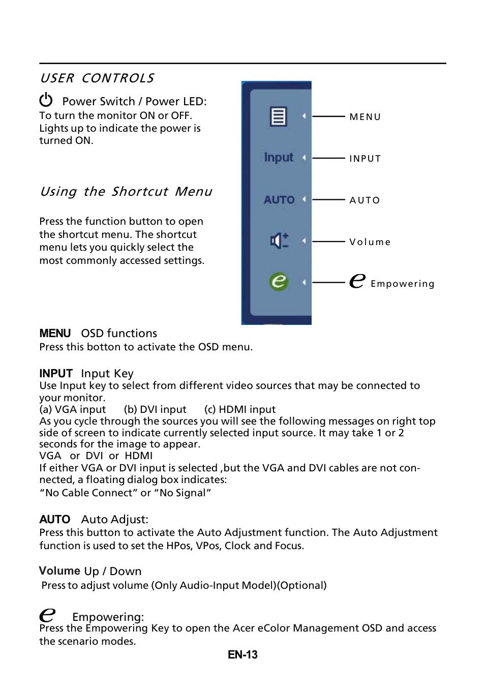 User controls, Using the shortcut menu | Acer T232HL User Manual | Page 14 / 23