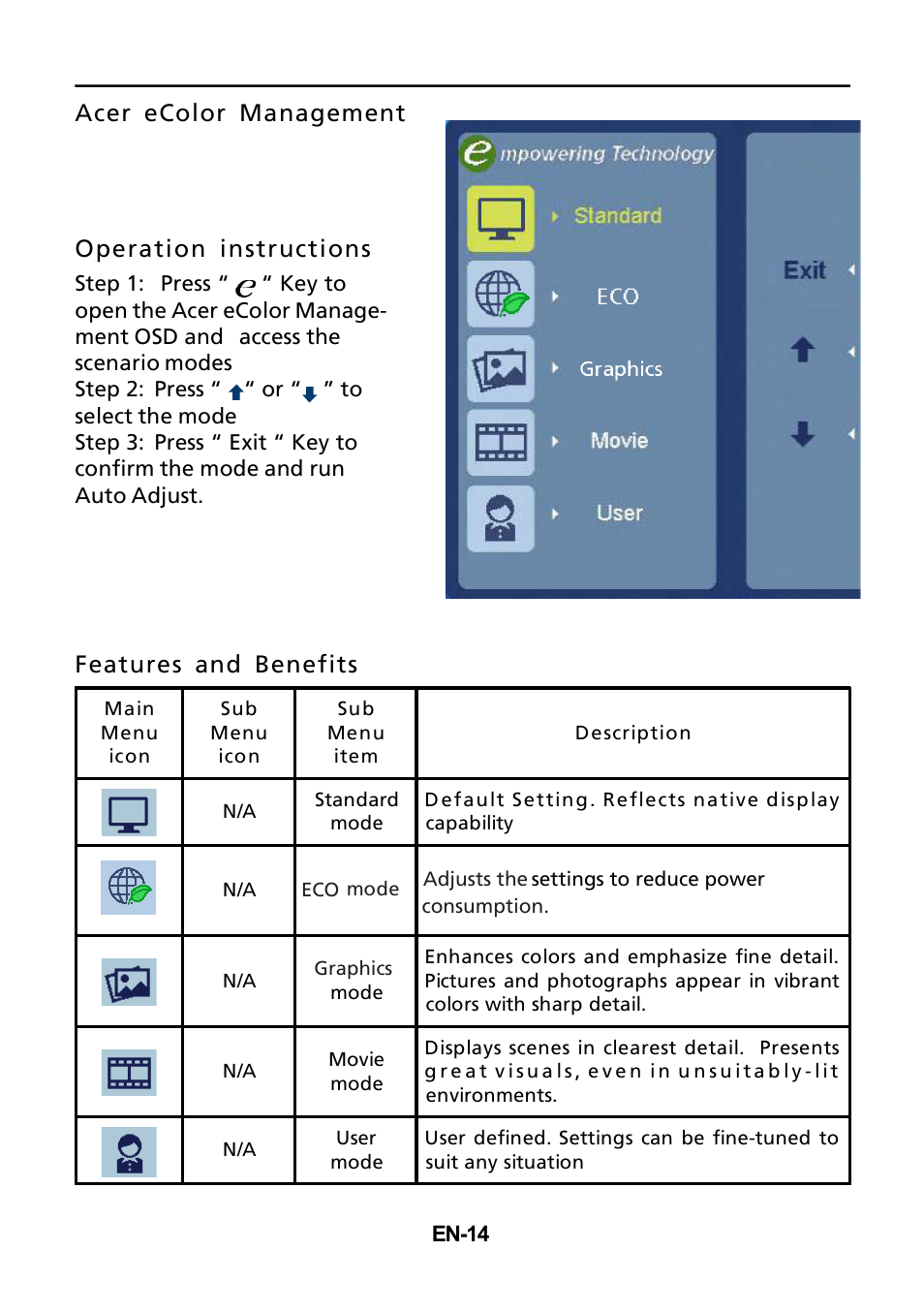 Acer ecolor management operation instructions, Features and benefits | Acer T232HL User Manual | Page 15 / 23