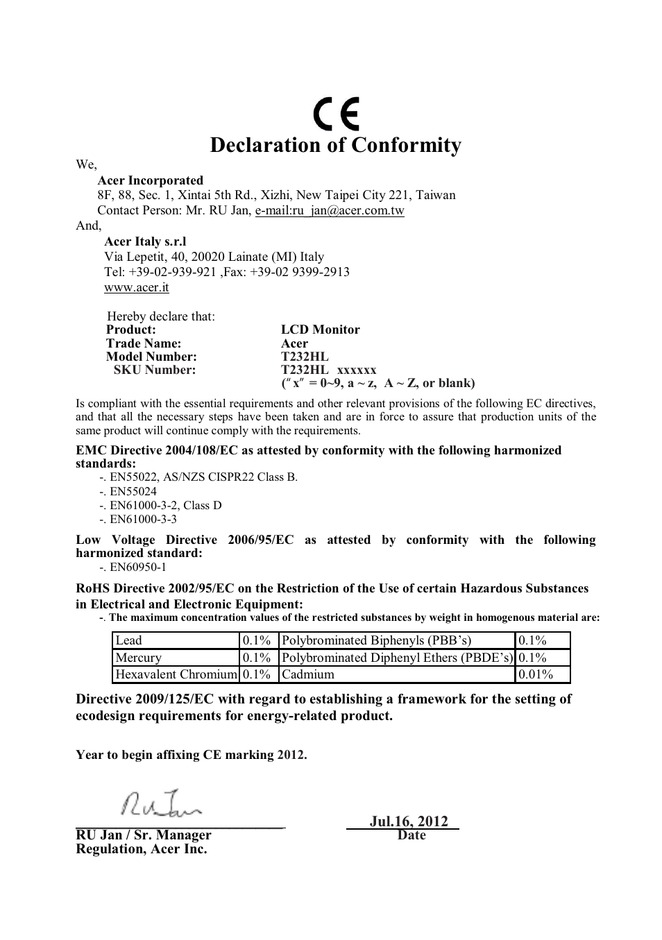 Declaration of conformity | Acer T232HL User Manual | Page 22 / 23