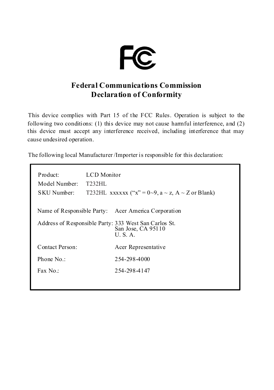 Acer T232HL User Manual | Page 23 / 23