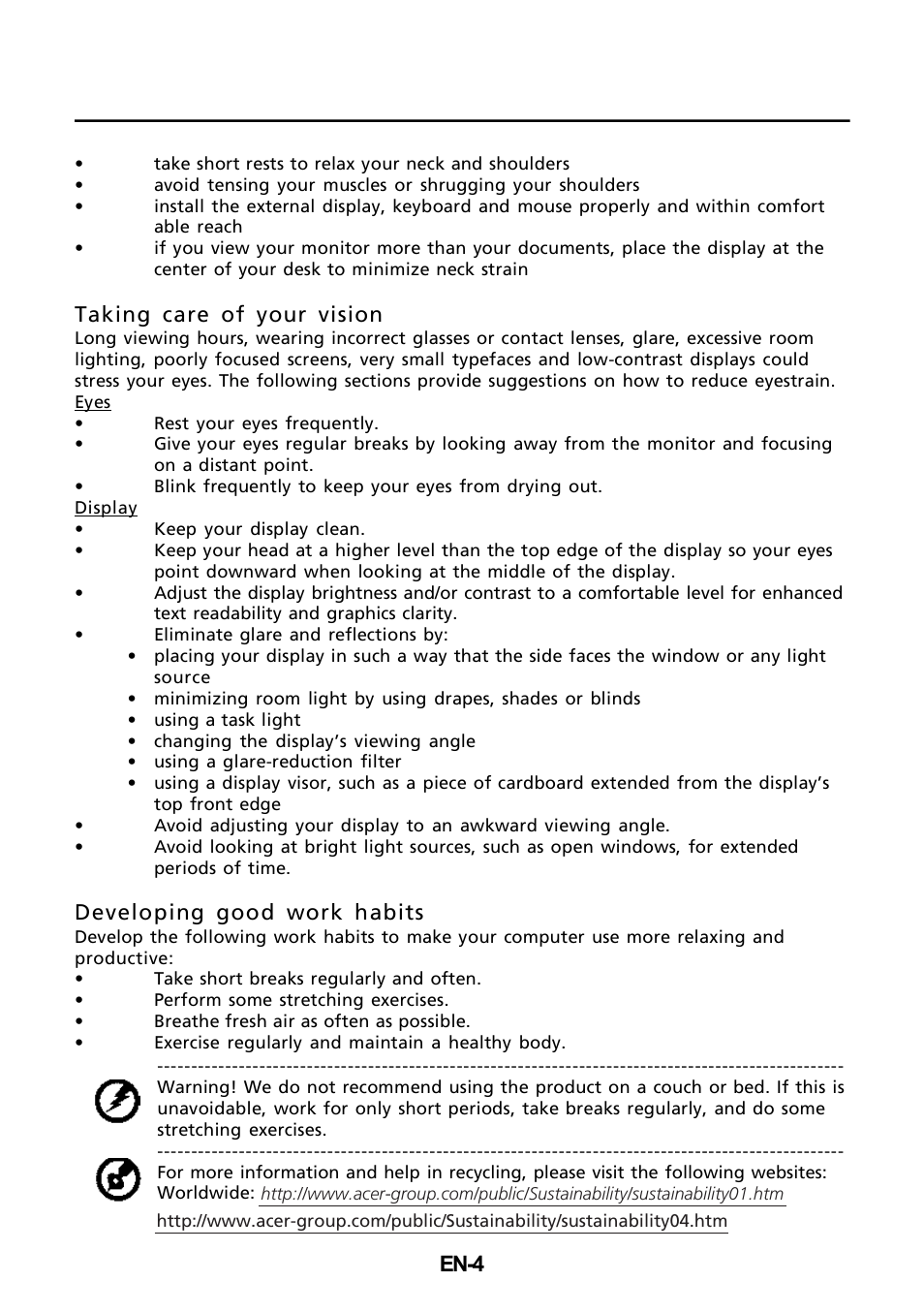 En-4, Taking care of your vision, Developing good work habits | Acer T232HL User Manual | Page 5 / 23