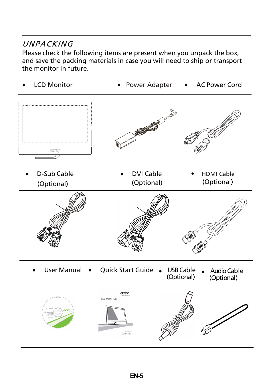 Unpacking | Acer T232HL User Manual | Page 6 / 23