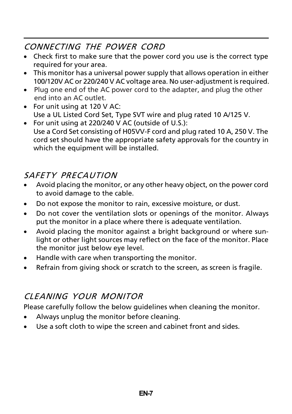 Connecting the power cord, Safety precaution, Cleaning your monitor | Acer T232HL User Manual | Page 8 / 23