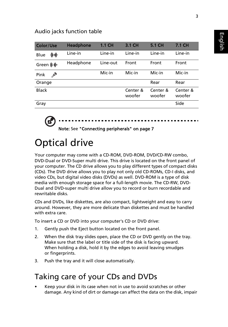 Optical drive, Taking care of your cds and dvds | Acer Veriton M265 User Manual | Page 13 / 38