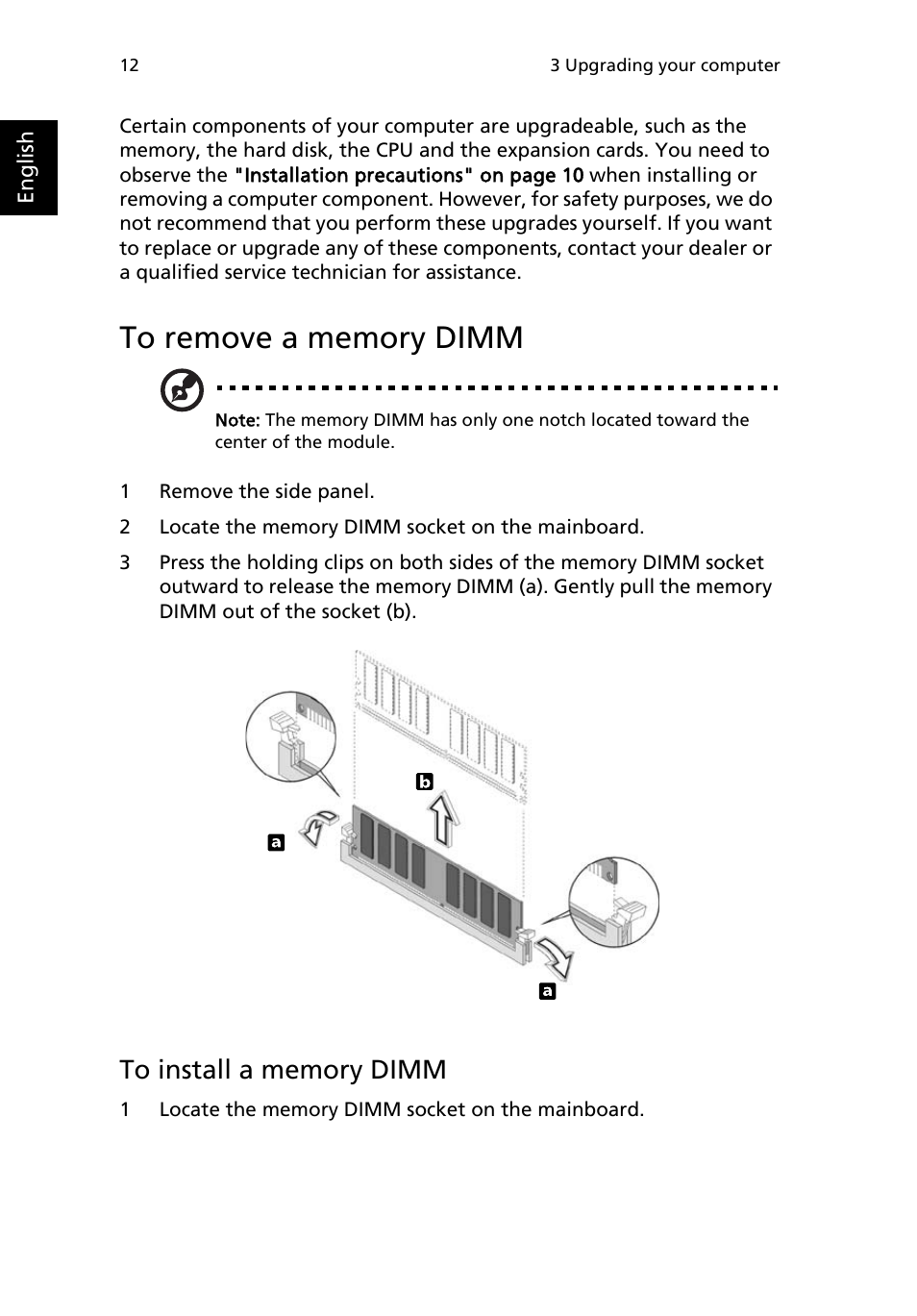 To remove a memory dimm, To install a memory dimm | Acer Veriton M265 User Manual | Page 22 / 38