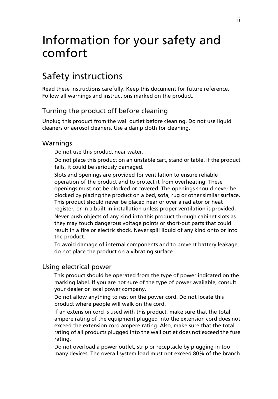 Information for your safety and comfort, Safety instructions | Acer Veriton M265 User Manual | Page 3 / 38