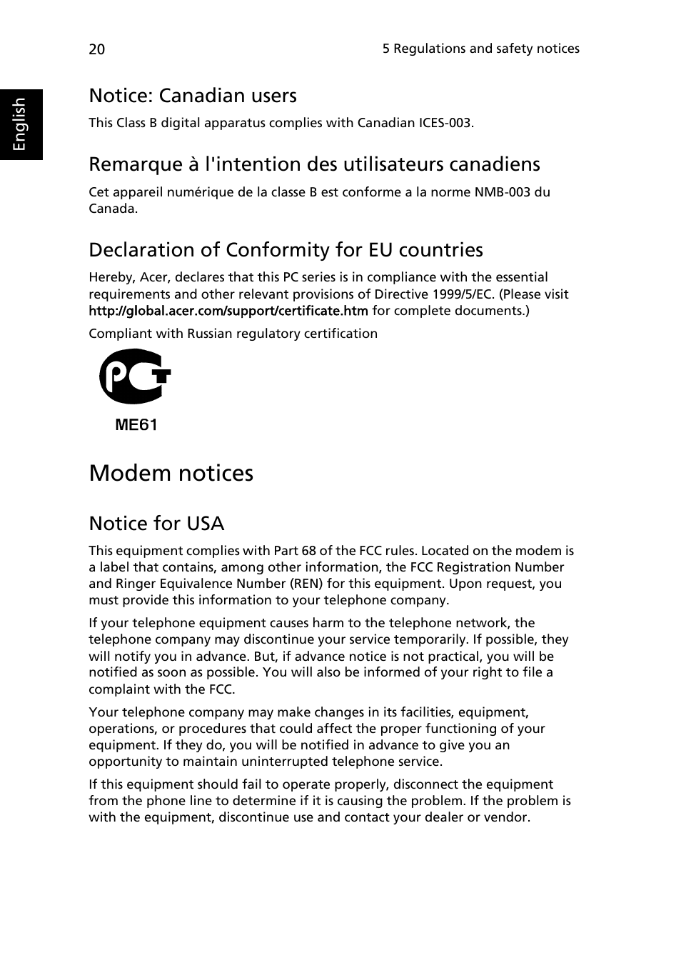 Modem notices, Notice: canadian users, Remarque à l'intention des utilisateurs canadiens | Declaration of conformity for eu countries, Notice for usa | Acer Veriton M265 User Manual | Page 30 / 38