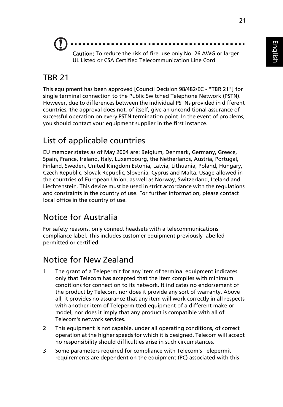 Tbr 21, List of applicable countries, Notice for australia | Notice for new zealand | Acer Veriton M265 User Manual | Page 31 / 38