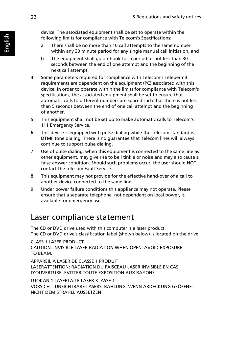 Laser compliance statement | Acer Veriton M265 User Manual | Page 32 / 38