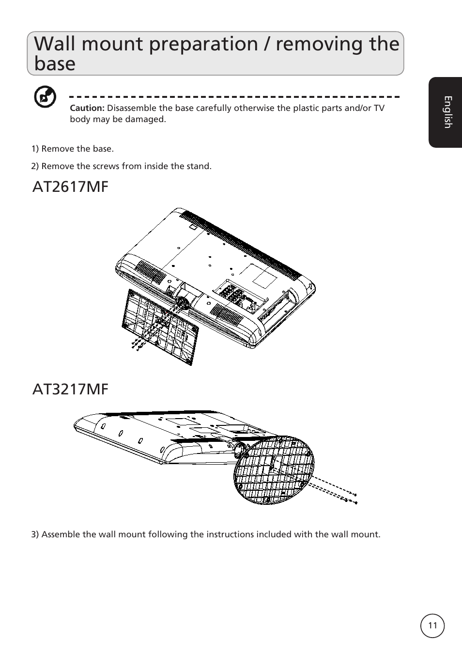 Wall mount preparation / removing the base | Acer AT2617MF User Manual | Page 11 / 36