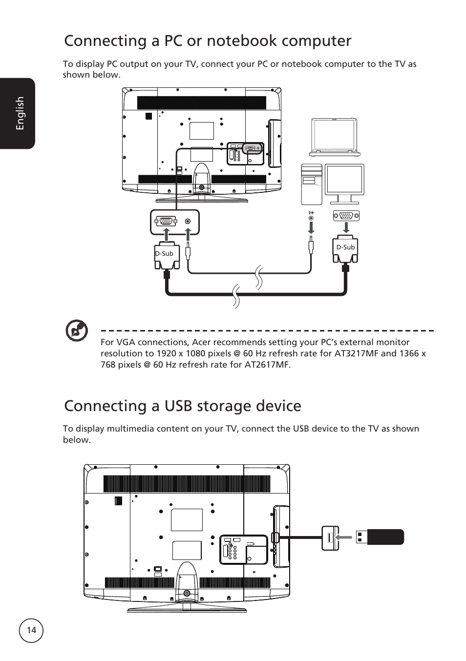 Connecting a usb storage device | Acer AT2617MF User Manual | Page 14 / 36