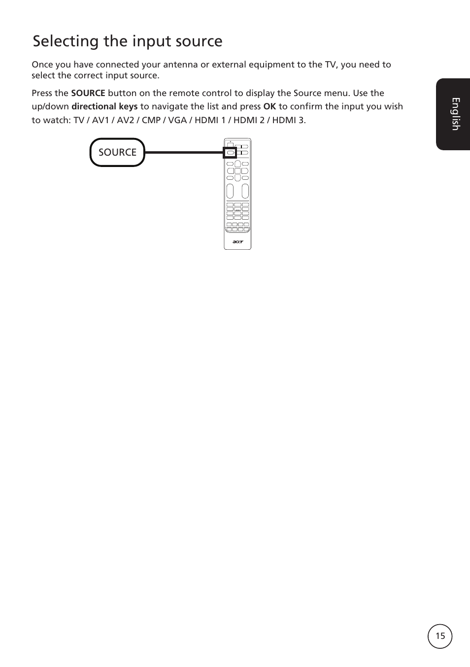 Selecting the input source | Acer AT2617MF User Manual | Page 15 / 36